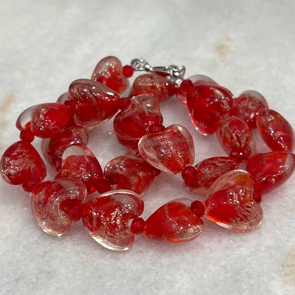 Red MURANO Style Millefiori Glass Bead Heart Necklace and Bracelet - Picture 4 of 9
